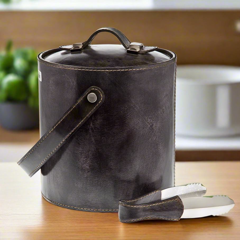 Leather Ice Bucket with Tongs
