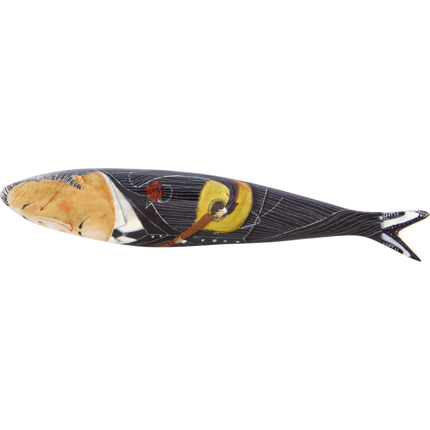 Bordallo Sardine - Tenorio, design by Paulo Galindro, man in a suit playing a mandolin
