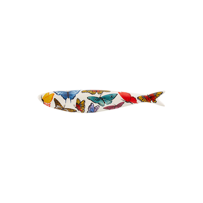 Bordallo Sardine - Design by Mercedes Bellido Piñol. Butterflies painted on white fish shape.