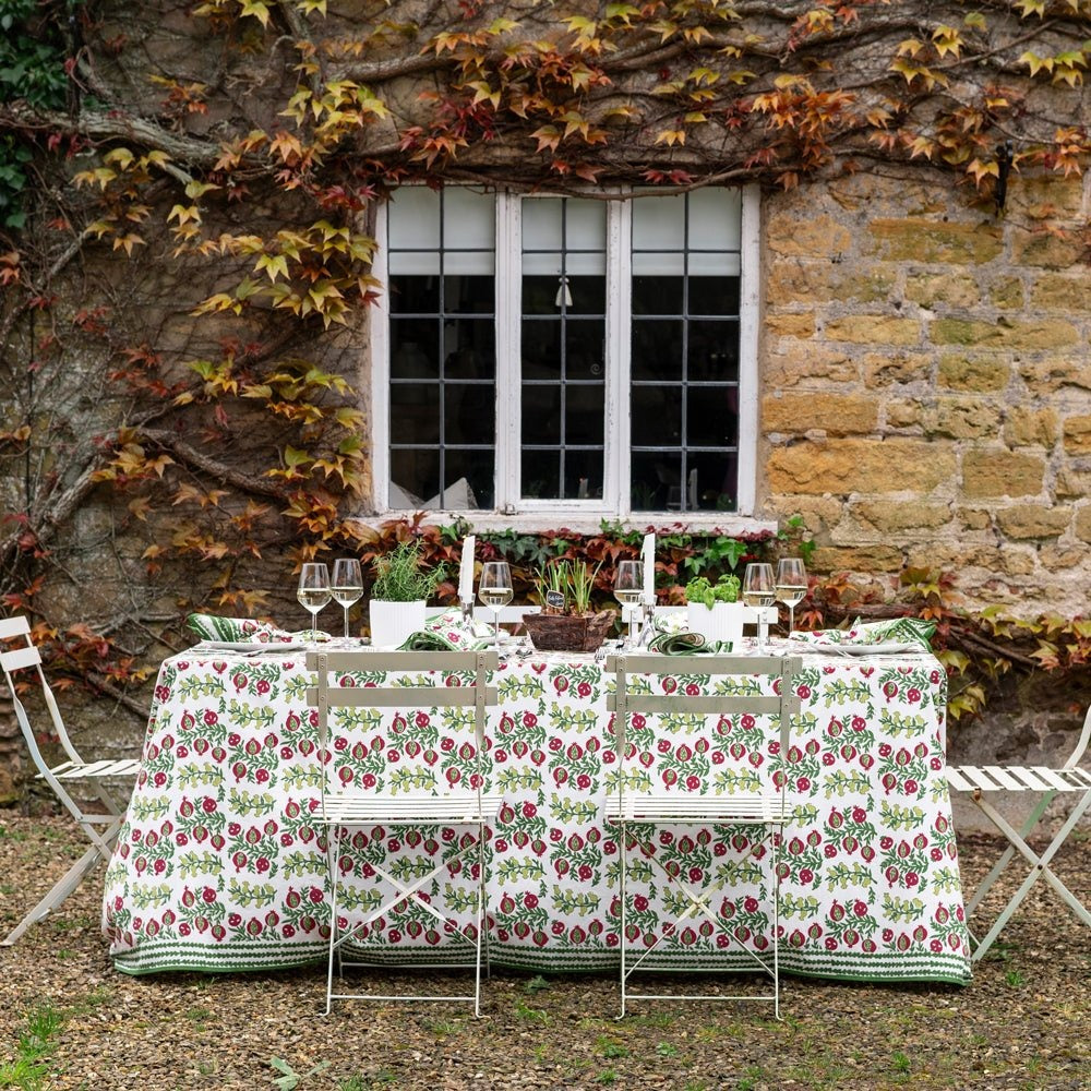 Pom Bells Basil and Magenta Tablecloth