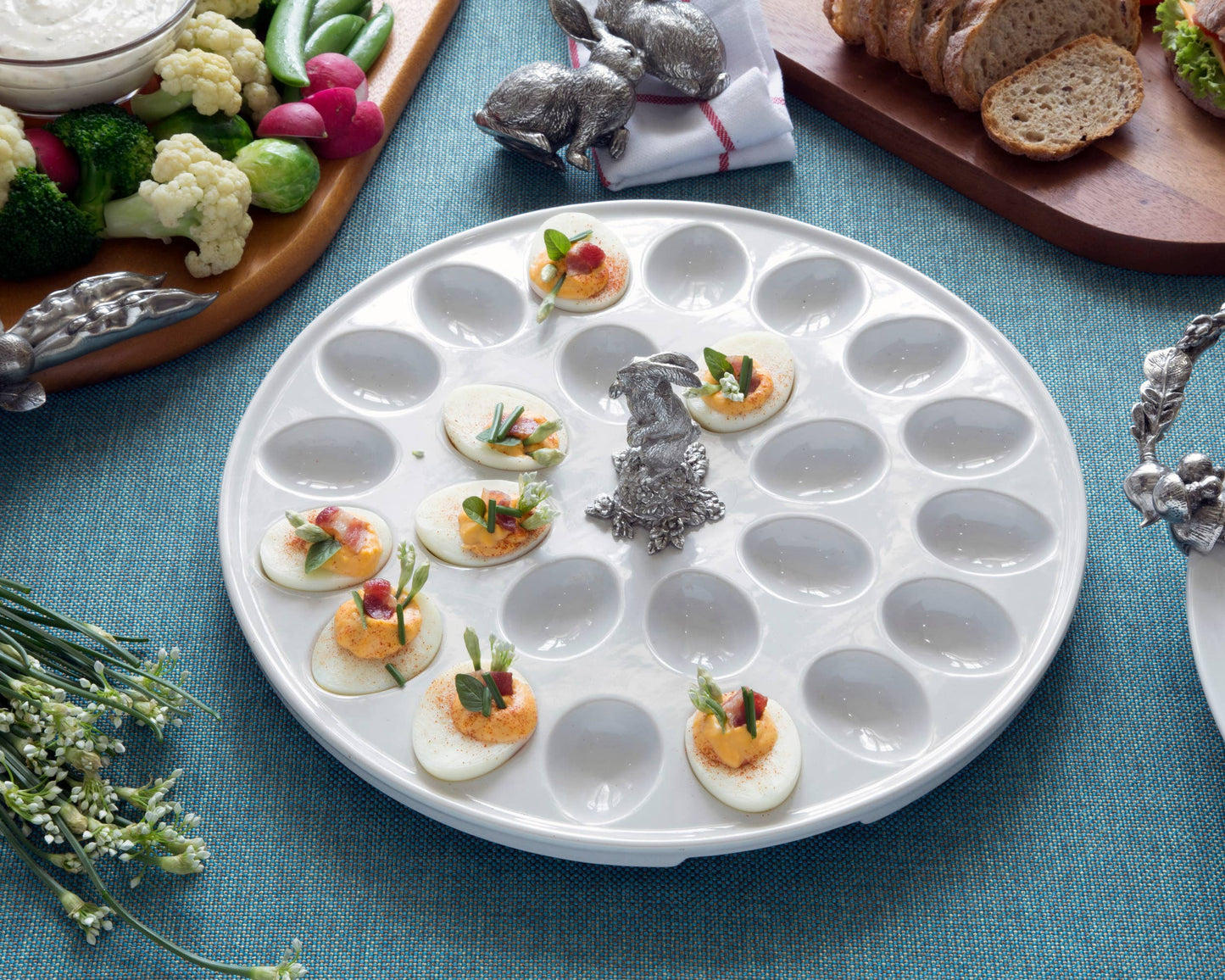 Deviled Egg Tray with Pewter Standing Rabbit