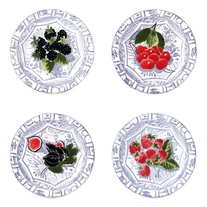 Oiseaux Bleu Fruits - Plates Set of 4