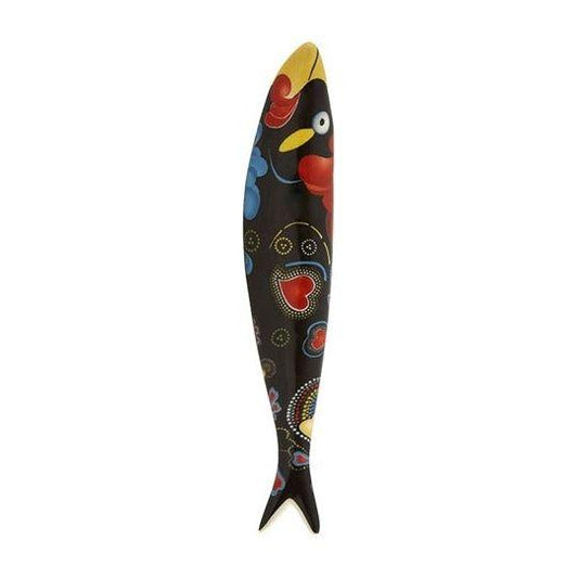 Bordallo sardine - Barcelo, design is black background with colorful flowers and hearts.