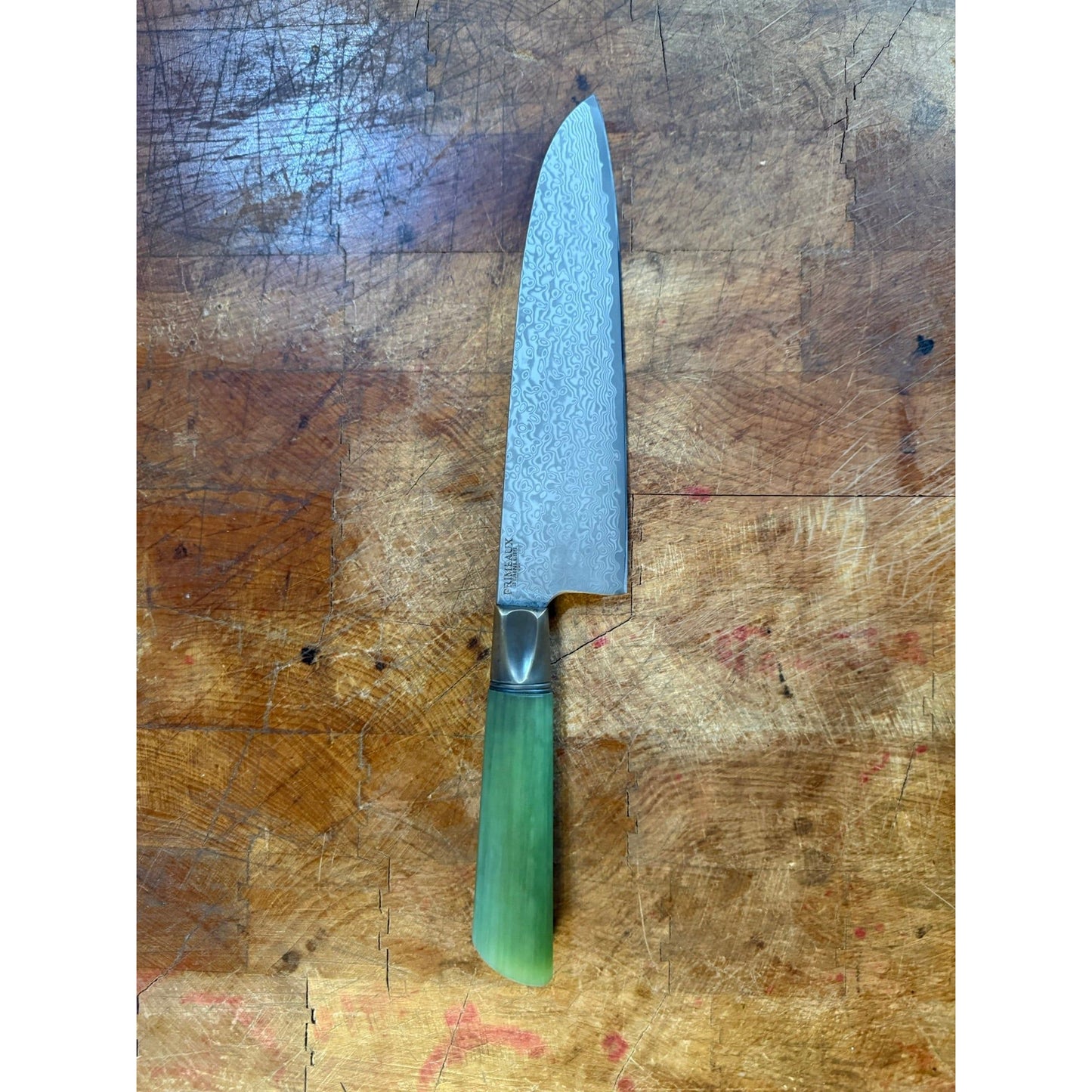 Primeaux Knives Damascus Santoku with Jade G10 Handle