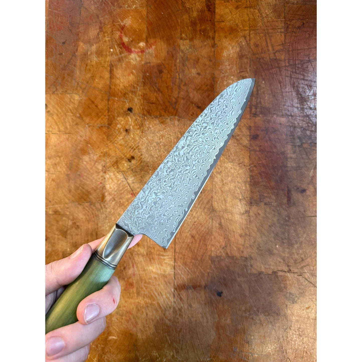 Primeaux Knives Damascus Santoku with Jade G10 Handle