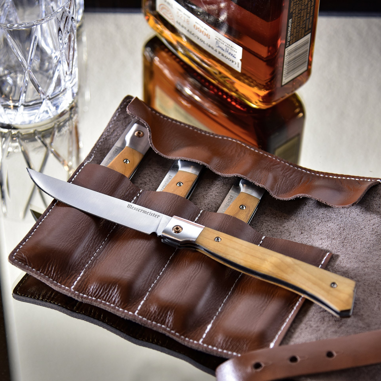 Folding Steak Knife Set in Leather Roll - Set of Four