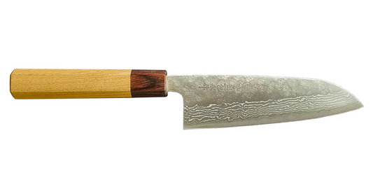 Nashiji Damascus Santoku 440c Steel - Zelkova and Mahogany Wood handle - 170 mm